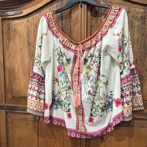 Umgee Cream Floral Embroidered off shoulder Blouse